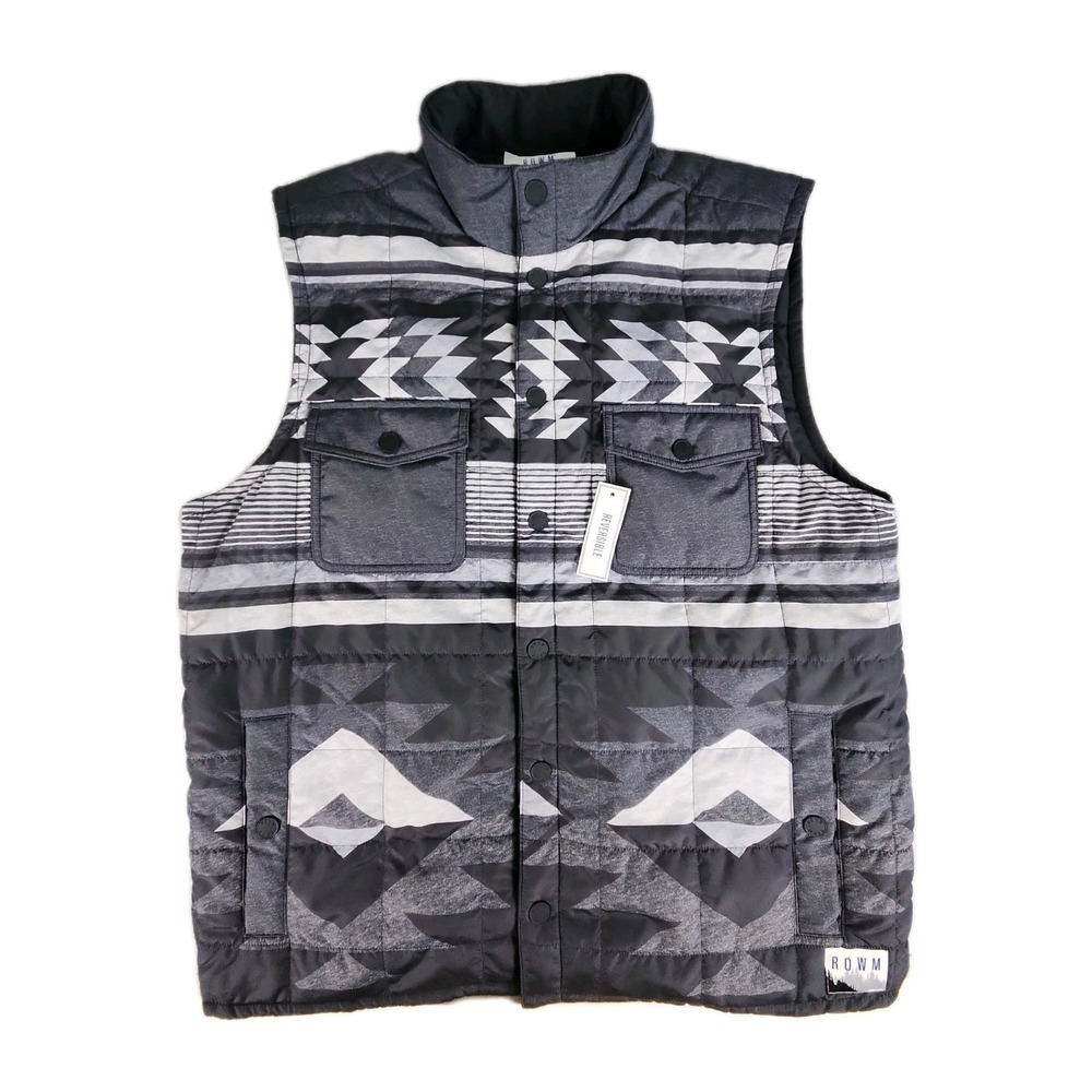 New ROWM Men's Large Reversible Aztec Southwest Quilted Puffer Vest Gray‎ Snaps